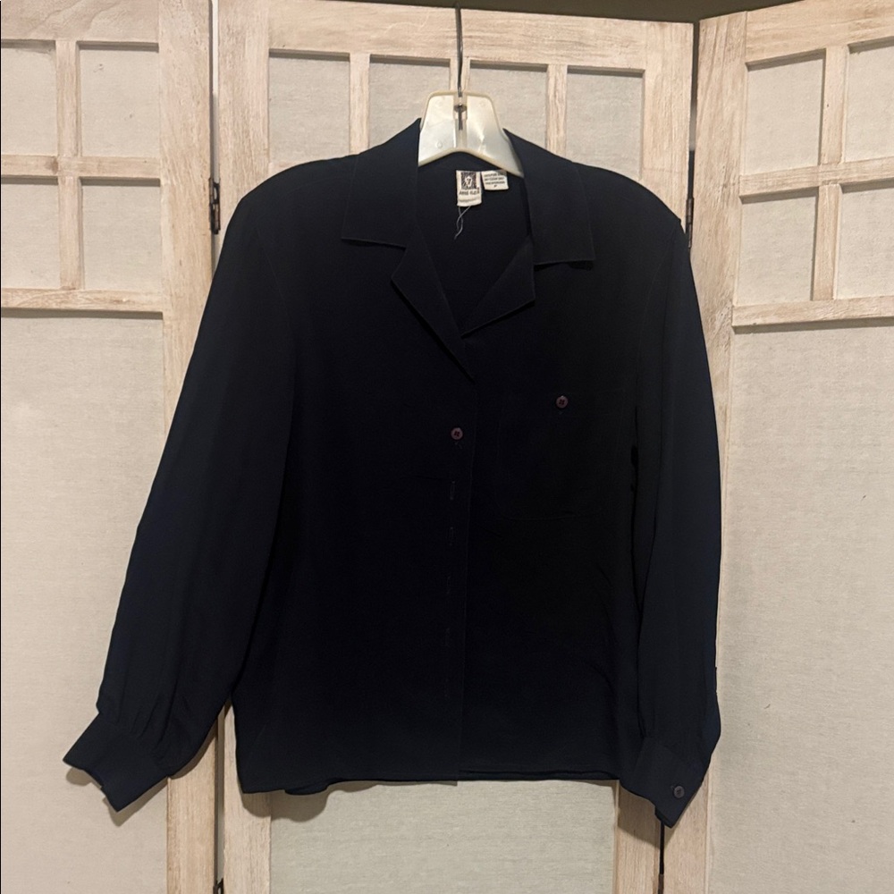 Anne Klein Navy Blue Button Down Shirt Luxurious 100% silk.